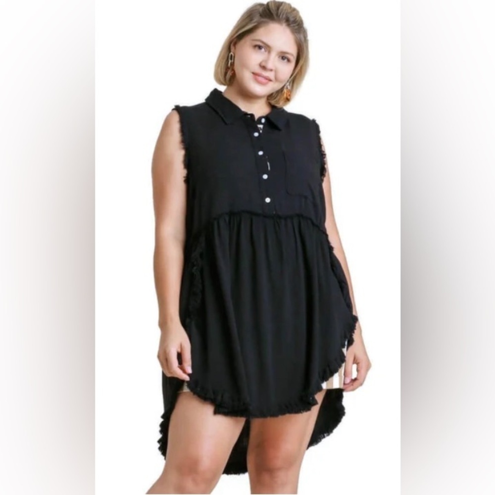 Umgee Black, Leopard Trim, Frayed Edges, Sleeveless Tunic Top Blouse Size XL